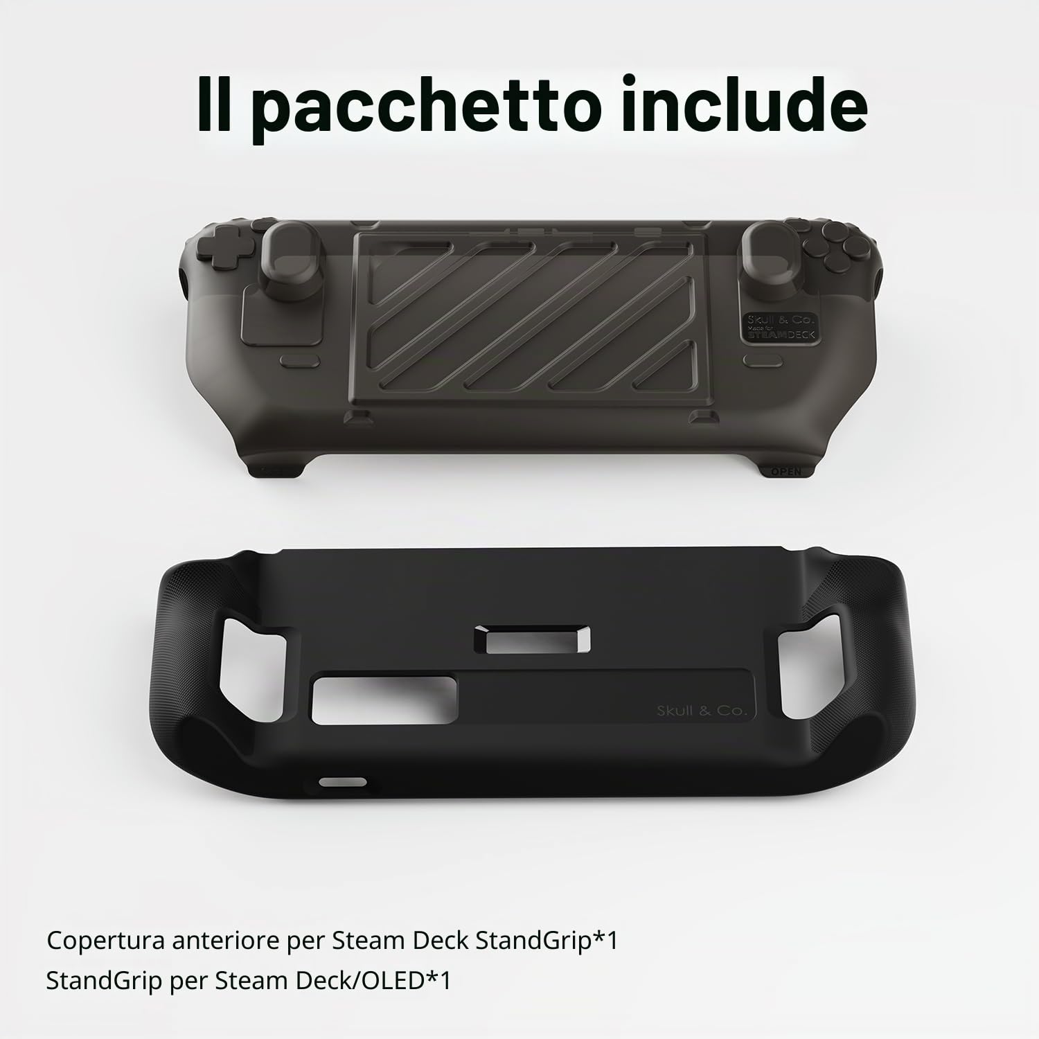 Skull & Co. Stand Grip GripCase Front Cover Bundle for Steam Deck/OLED: Protective Case with Textured Grips Full Protection with HardShell Front Cover Handheld Design- Smoky Black