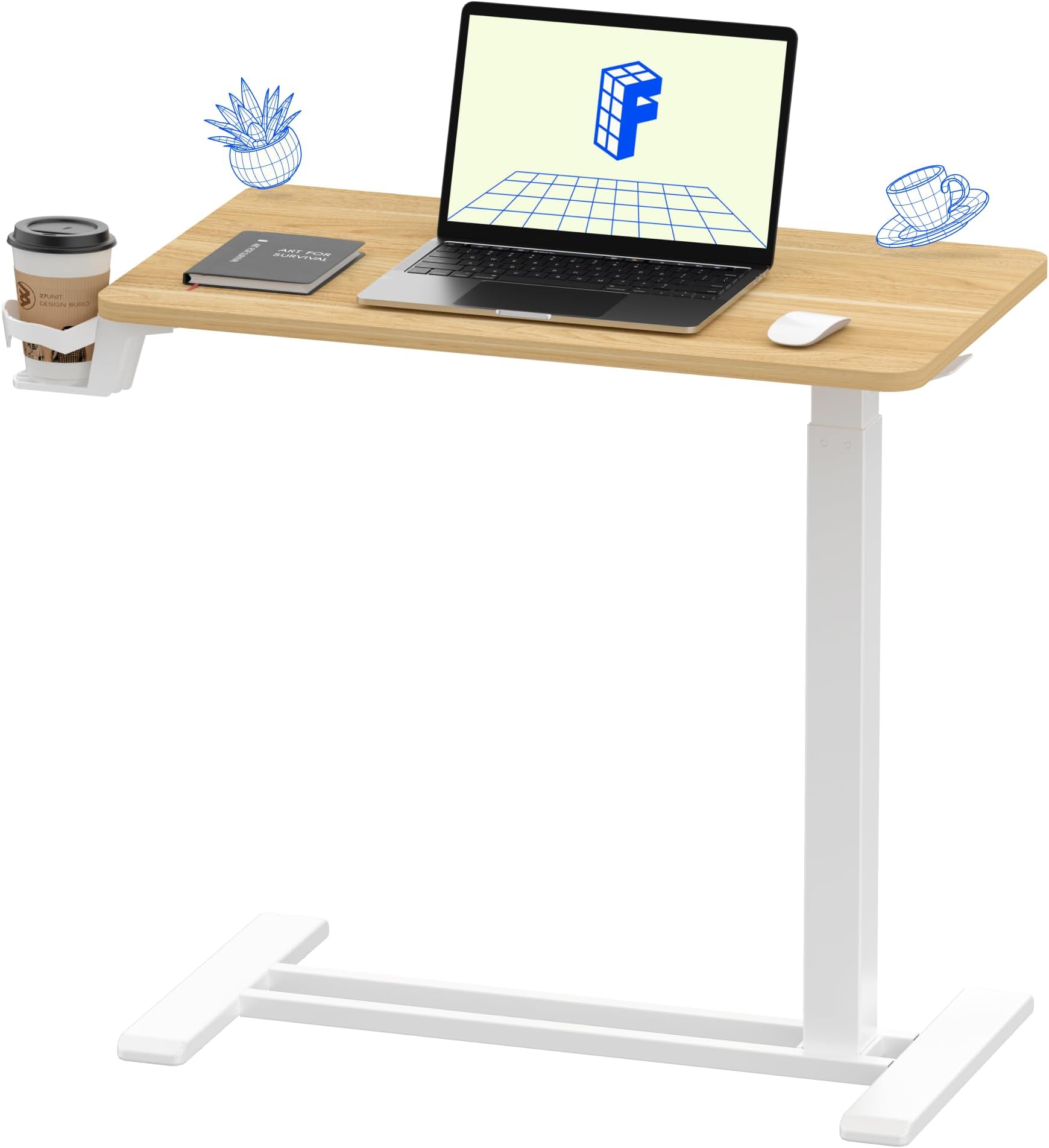 H7 Adjustable Overbed Bedside Table with Wheels Pneumatic Mobile Standing Desk Laptop Desk Rolling Computer Cart Movable Overbed Table Hospital Home Use(27.6" W x 15.7" D, Maple Table)