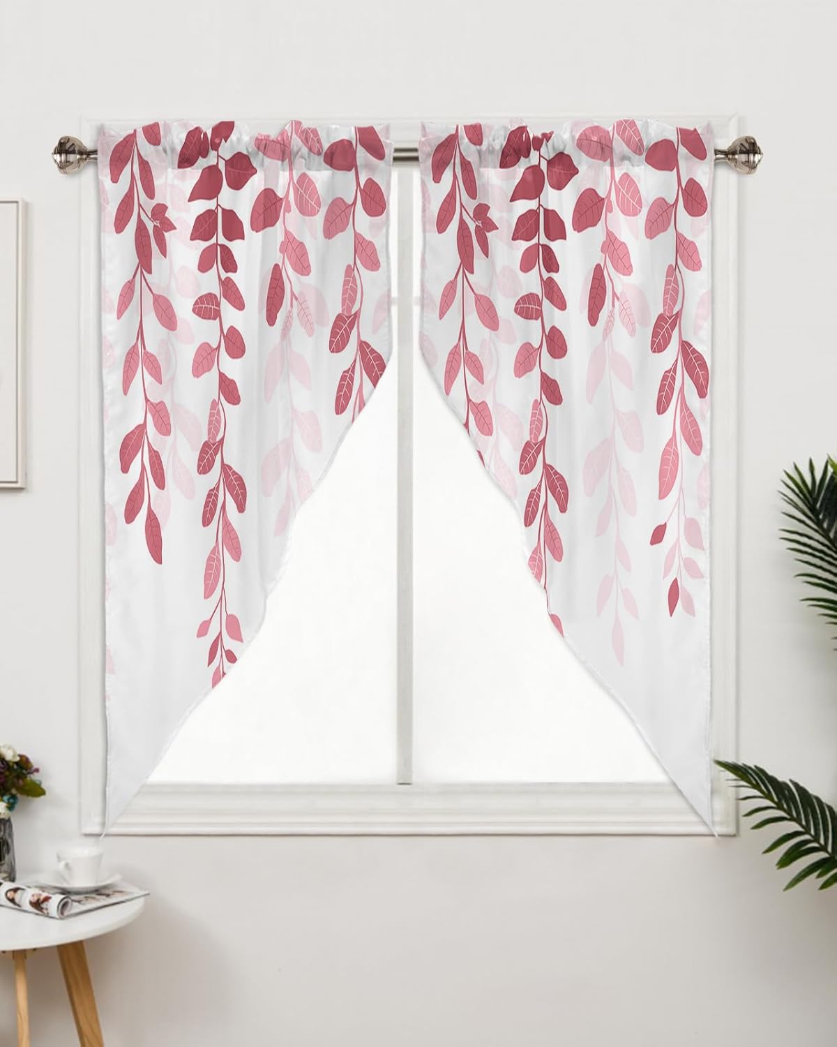 Leaf Swag Curtains, Privacy Sheer Curtains Window Treatment Valances Light Filtering Voile Panels for Bedroom/Kitchen/Farmhouse 2 Pcs, Farmhouse Plants Leaves Pink Gradient Watercolor