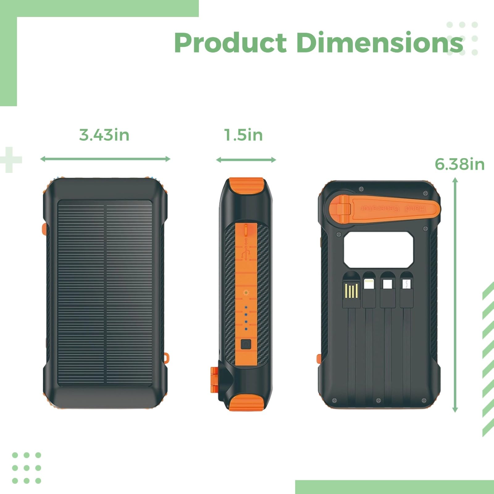 Power Bank da 20000 mAh, caricatore portatile con generatore a manovella, ricarica rapida, 3 cavi di uscita, torcia a LED, luce da campeggio, certificata UKCA per campeggio all'aperto