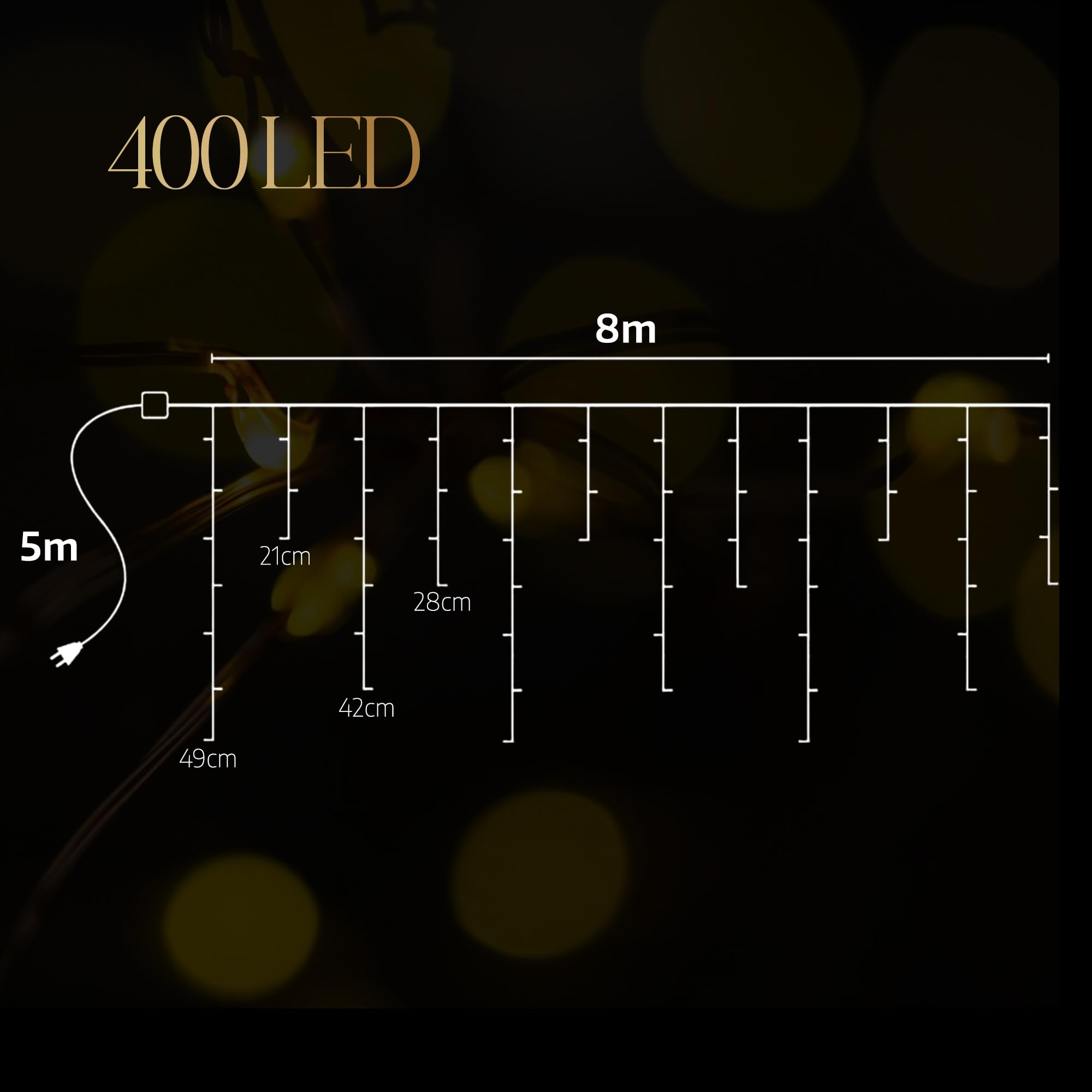 Meisterhome 400 LED Eisregen - 8m + 5m Zuleitung - mit Timer und 8 Beleuchtungsmodi - Eiszapfen Innen und Außen - für Party, Hochzeit, Balkon, Garten Deko - Warmweiß