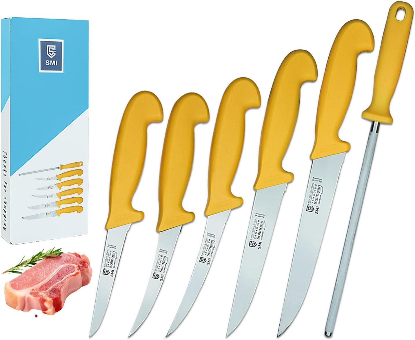 SMI - 6 Pcs Solingen Butcher Knife Set Germany Professional Chef knife Set Boning Knife Sharpening Steel Rod Meat Knife Sharp Kitchen Knives - German steel 1.4116