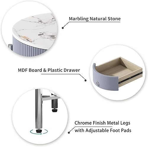 Miniatura 4 de OIOG Mesa auxiliar redonda con cajón, moderna mesita de noche con estante y patas de metal con acabado cromado, mesa auxiliar de 2 niveles para sala