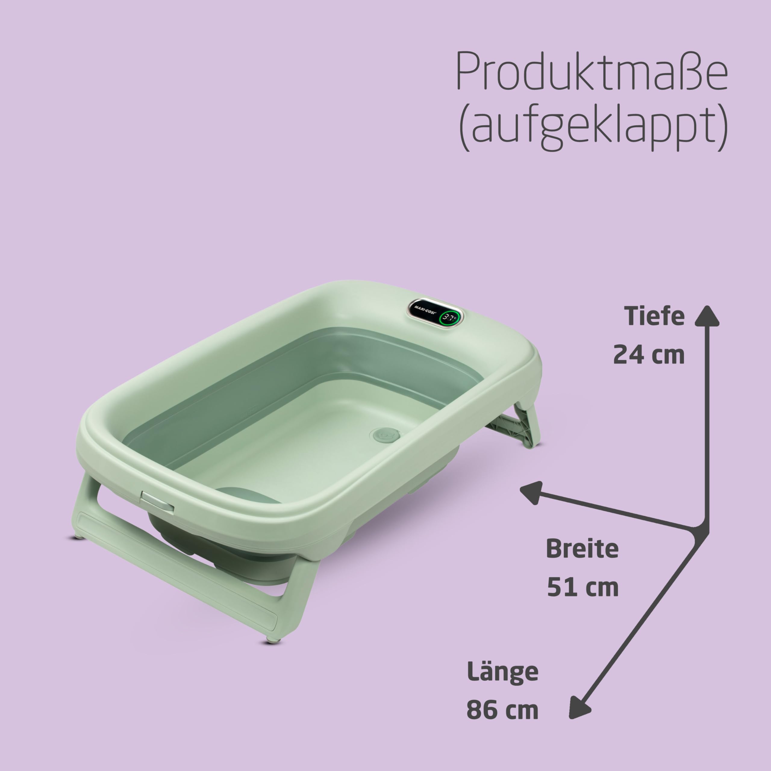 Maxi-Cosi Indigo Faltbare Badewanne Baby, 0-4 Jahre, Geräumige Mobile Badewanne Kleinkind, Integriertes HighSense Thermometer, Rutschfest, Klappbarer Hängehaken, Flach Faltbar, Sage Green