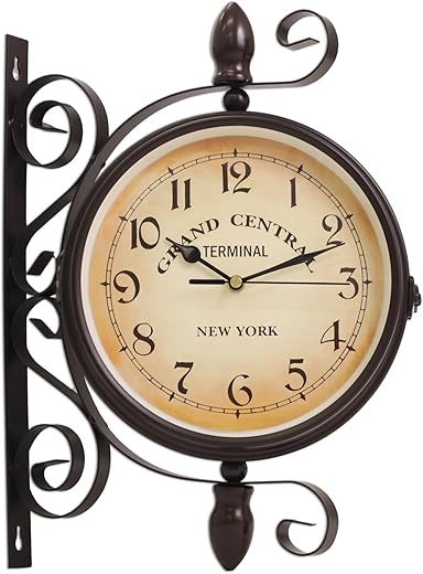 Japard Vintage Wall Clock, Antique Unique Industrial Double Sided Decorative Retro Iron Frame, New York Terminal Wall Mounted Battery Operated Smooth Sweep Brown