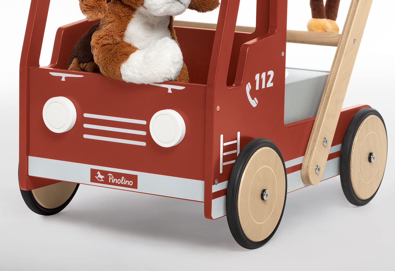 PINOLINO Lauflernwagen Feuerwehrauto Fred, mit Bremssystem, gummierten Holzrädern und herausnehmbarer Box, rot lackiert