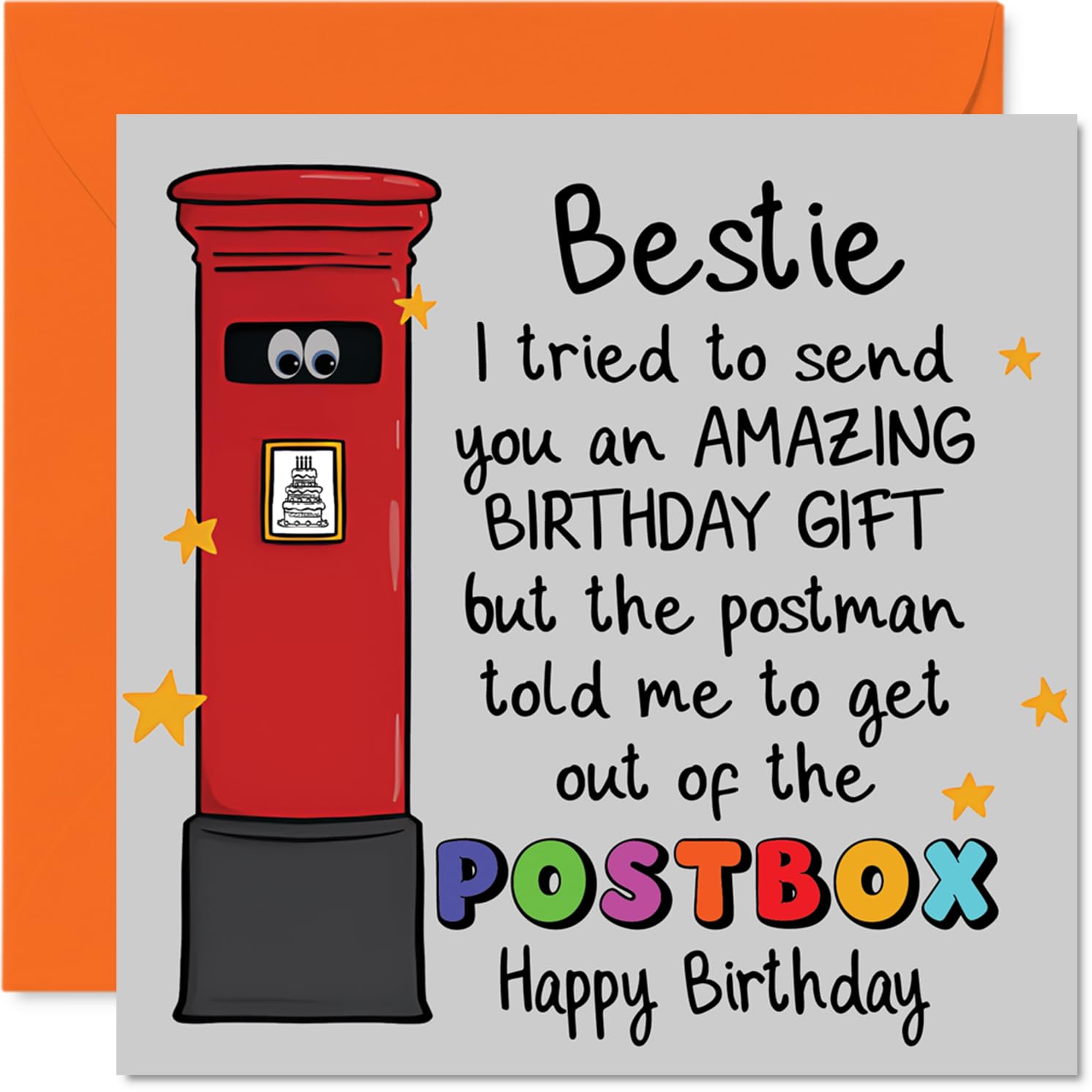 Funny Birthday Card for Bestie - Laughs Delivered First Class - Cartoon Postbox and Cheeky Birthday Joke - Colourful Fun for Your Best Mate - 145mm Square, Envelope Included