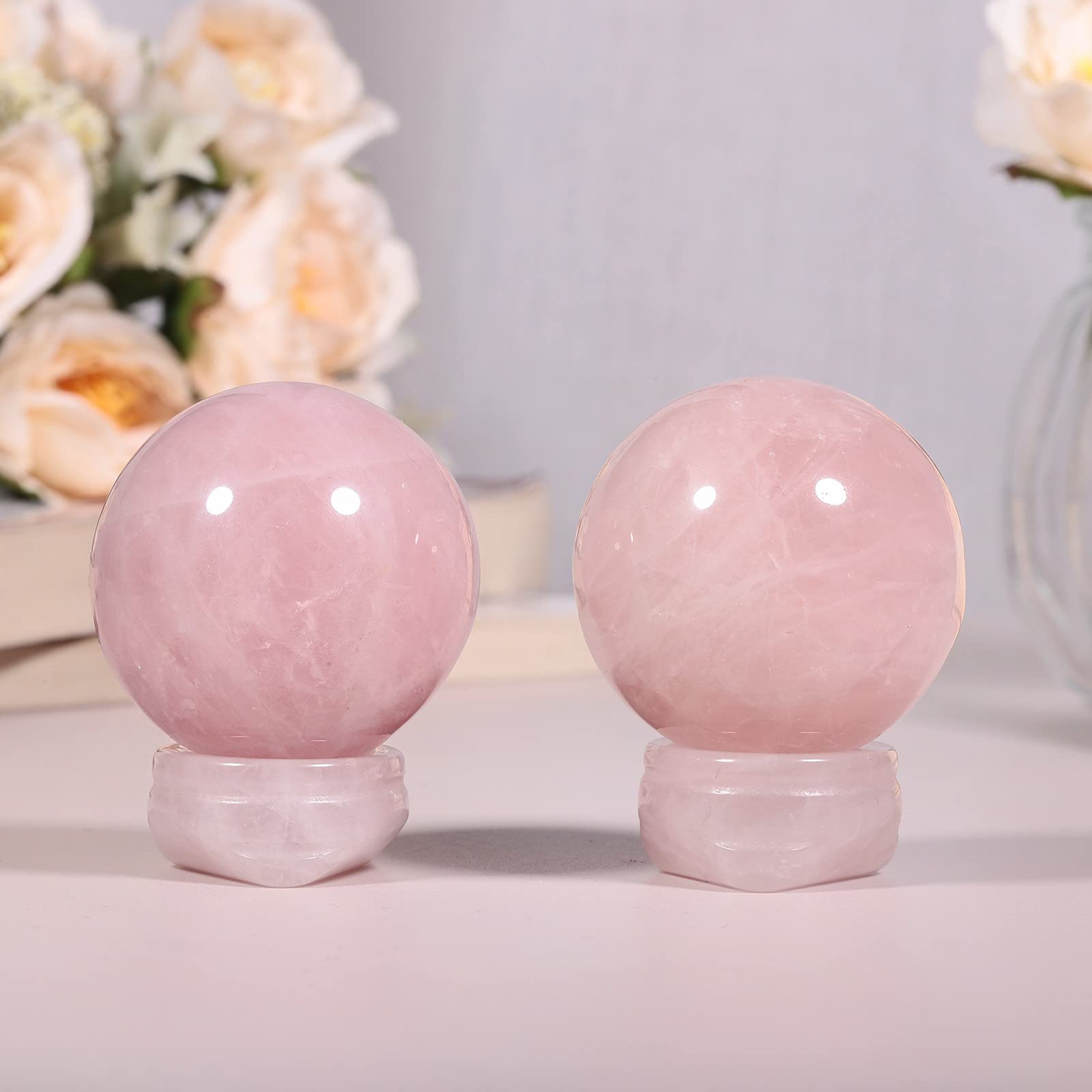 Cheungshing 40mm Natural Rose Quartz Crystal Ball with Stand Base, Polished Feng Shui Protection Stone Ball for Home Decor Meditation