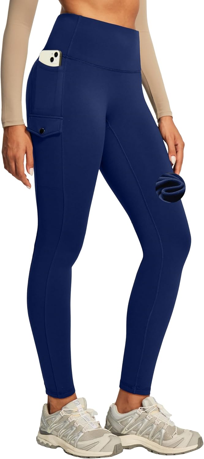 Heathyoga Cargo Fleece Lined Leggings Women Water Resistant Thermal Leggings with Pockets for Women Waterproof Hiking Pants