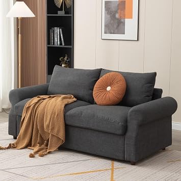Panana Upholstered Loveseat Sofa Couch with Storage Space, Modern Love Seats with Armrest and 2 Pillows for Living Room, Bedroom, Apartment, Office and Small Spaces Dark Gray, 3 Seater