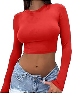 Camiseta de manga larga para mujer, color negro, top corto para mujer, Y2K, camiseta sin vientre, corte ajustado, camiseta de manga larga, cuello redondo, camiseta de skims asthetic Clean Girl ropa