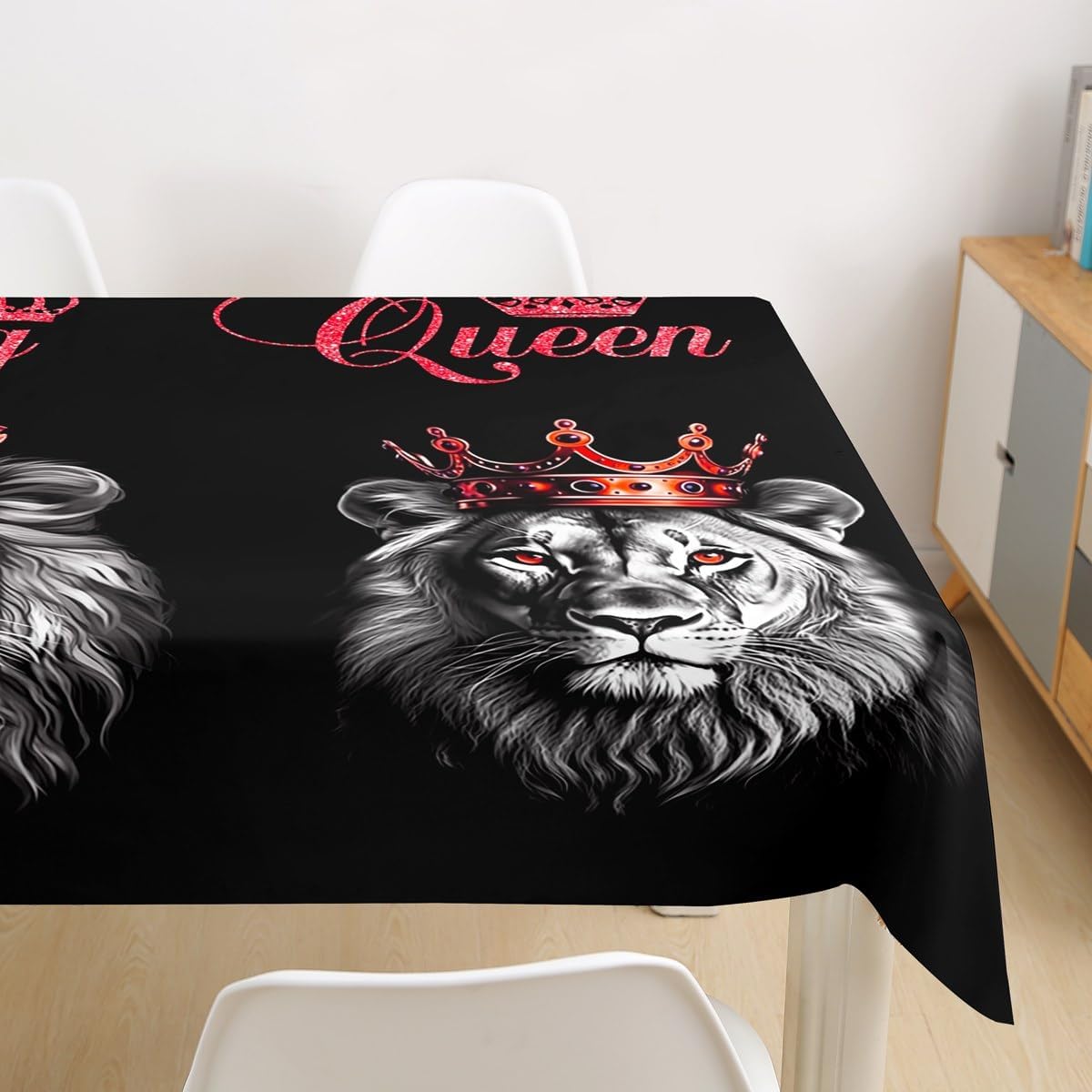 Wild Lion Couple Table Cloths,King and Queen Red Crown Glitter Table Cover,African Western Animal Cool Black Microfiber for Dining Kitchen Decorative,Tabletop Decoration 55"x71" Oblong/Rectangle image 2
