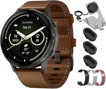 Garmin Venu 4 45mm Health and Fitness GPS Smartwatch, AMOLED, Slate with Black Band and Brown Leather Band, 010-03014-03 - Bundle w/Deco Essentials 22mm Milanese Bands, Dock and Dust Cover