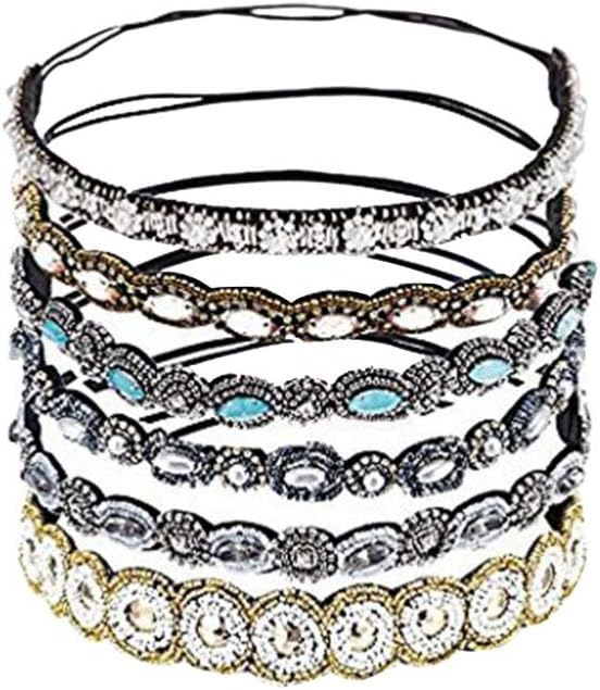 minkissy 6Pcs Rhinestone Beaded Elastic Headbands Stretch Crystal Hairbands for Women Girls Bridal Hair Accessories 7 Inch Diameter