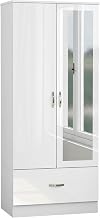 Nera Gloss White 2 Door Wardrobe with Drawer and Mirror 180cm for Bedrooms | Full Length Mirror and Deep Drawer