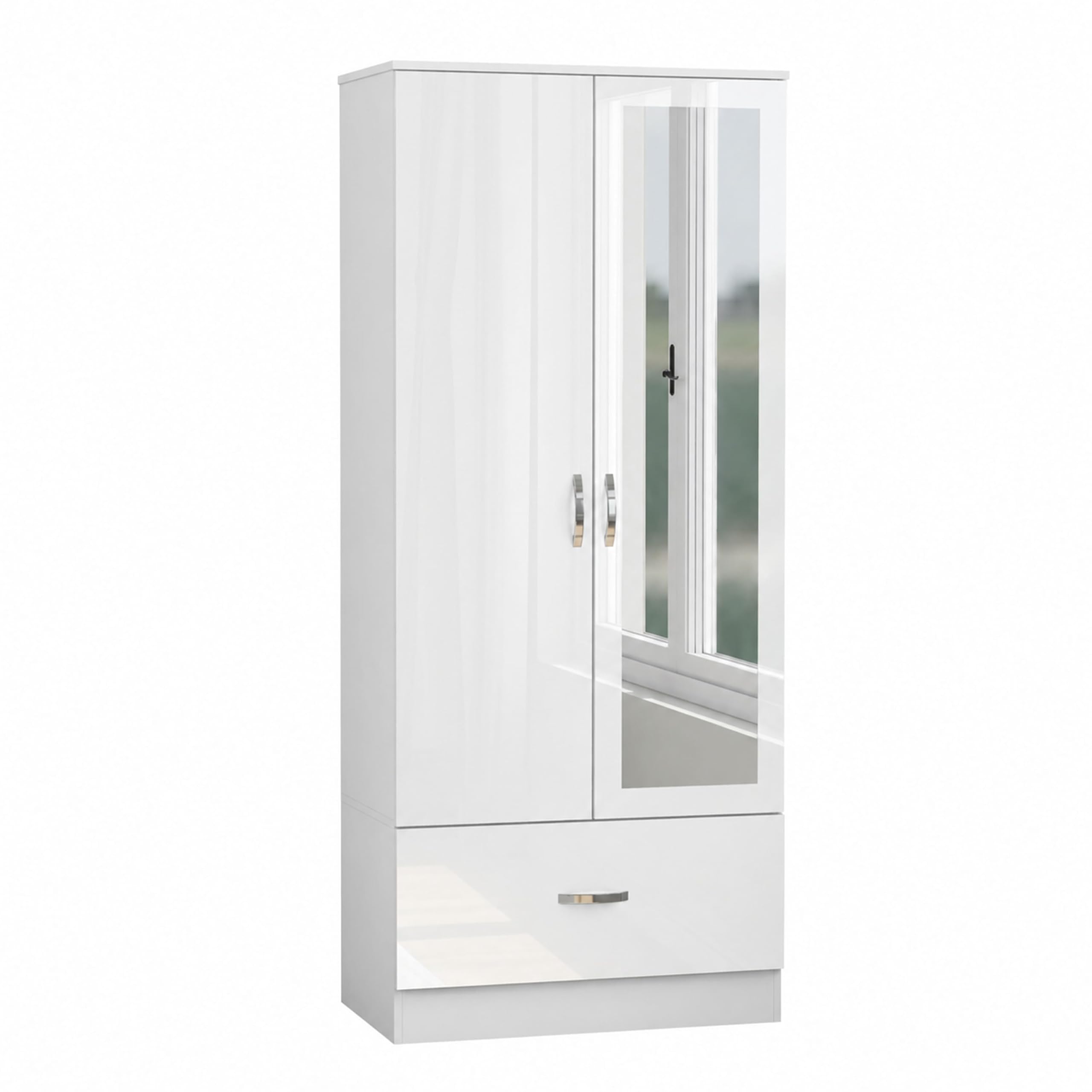 Nera High Gloss 2 Door Wardrobe with Drawers and Hanging Rail Slim Wardrobes for Small Bedrooms Storage (Mirrored 1 Drawer White Gloss (Matt White))