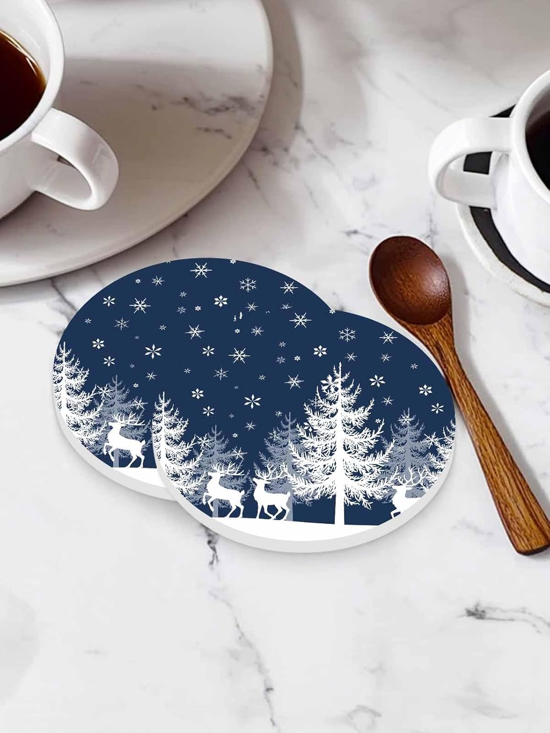 陶製コースター 円形 冬 雪花 大鹿 クリスマスツリー 紺色バック 吸水 6枚セット 直径10.3cm&times;厚さ0.6cm 速乾 杯垫