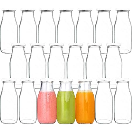 QAPPDA 12 oz Glass Bottles, Glass Milk Bottles with Lids, Vintage Breakfast Shake Container, Vintage Drinking Bottles with Chalkboard Labels and Pen for Party,Kids,Set of 20
