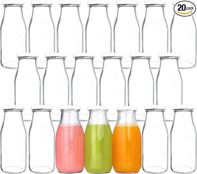 QAPPDA 12 oz Glass Bottles, Glass Milk Bottles with Lids, Vintage Breakfast Shake Container, Vintage Drinking Bottle with Chalkboard Labels and Pen for Party,Kids,Set of 20