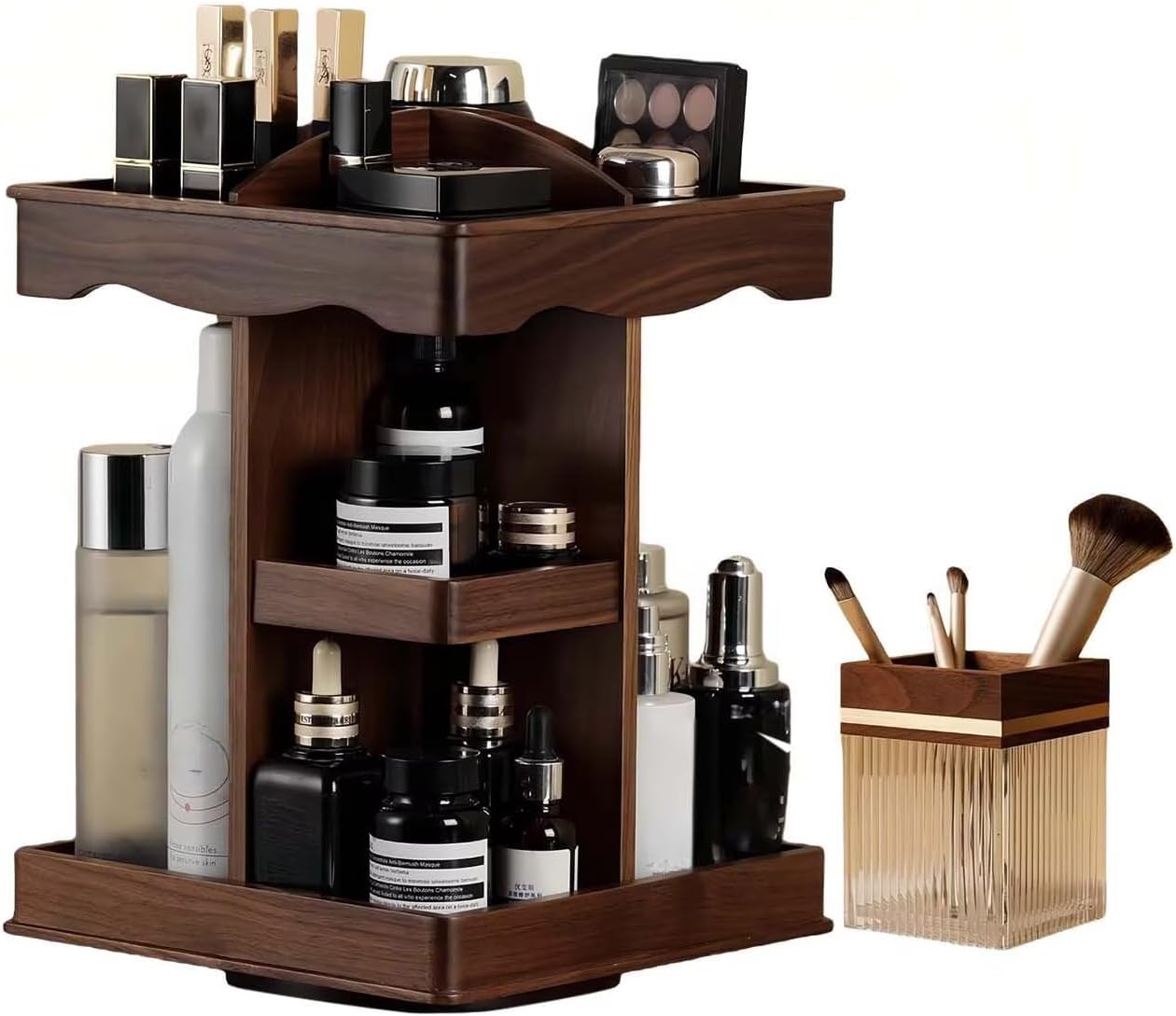 Luxury 2-in-1 Wood Vanity Organizer and Brush Holder Set - 360 Degree Spinning Skincare & Cosmetic Display - Dark Walnut Finish