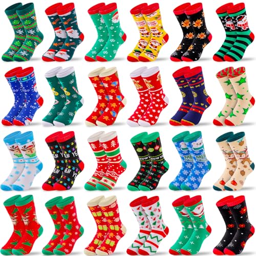 MGparty 24 Pairs Christmas Socks for Women Holiday Crew Socks Bulk Funny Novelty Winter Xmas Gift Socks for Adults Stocking Stuffers