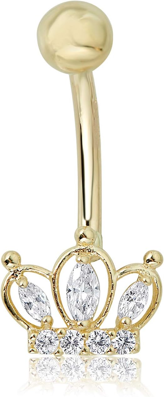 AVORA 10K Gold Simulated Diamond CZ Tiara Crown Belly Button Ring Body Jewelry (14 Gauge)