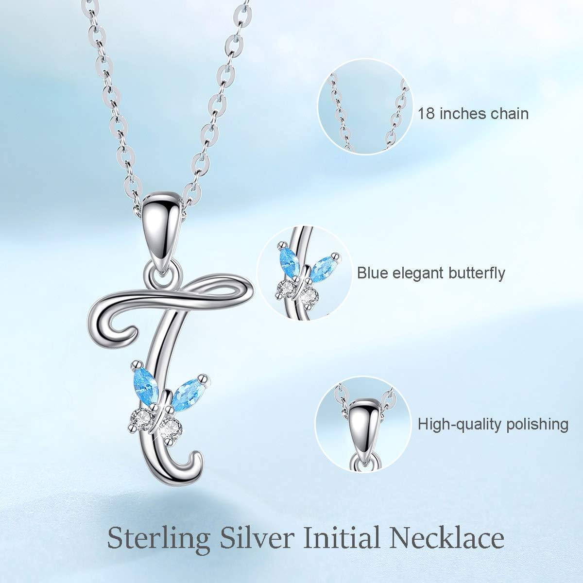 EUDORA Initial Butterfly Necklace 925 Sterling Silver T Alphabet Letter Personalised Pendant Necklaces with Blue Cubic-Zirconia Gifts for Women Ladies Girls Mother 18" - Image 3