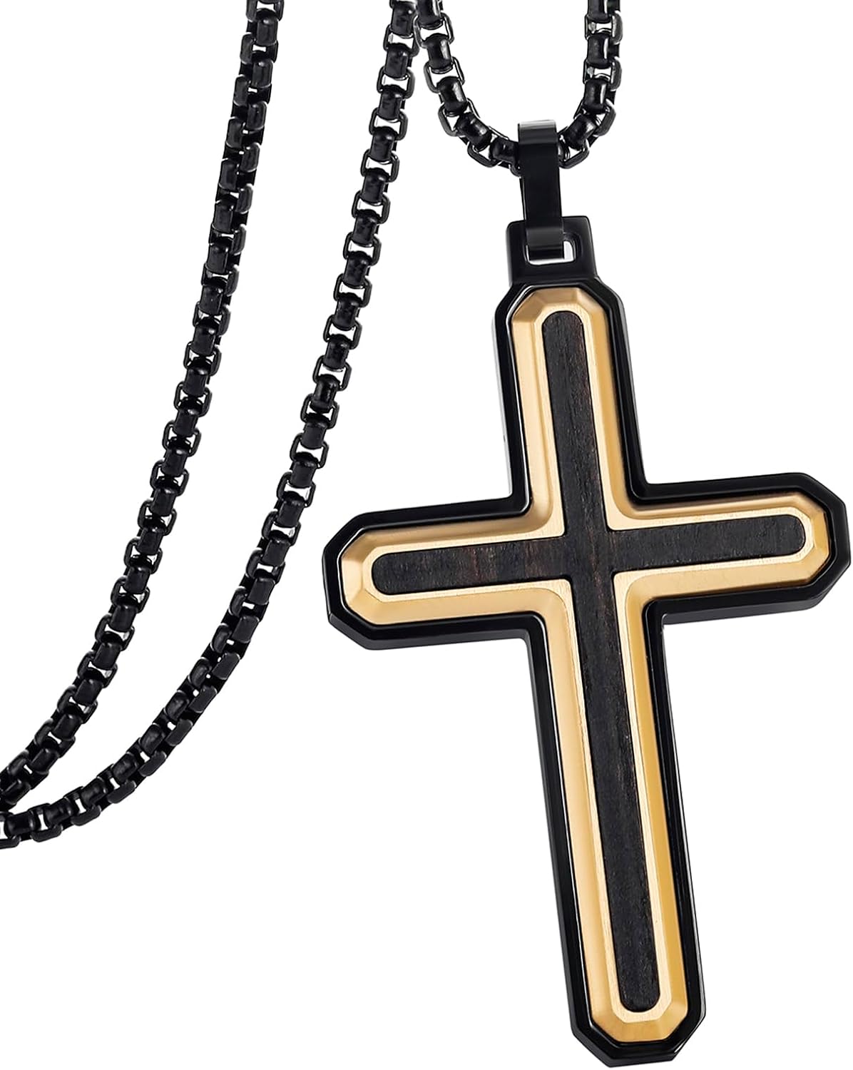 GTMJ Cross Necklace for Men -Stainless Steel & Wood Adjustable Box Chain 24-26in, Spiritual Jewelry Gift for Him, Everyday Wear
