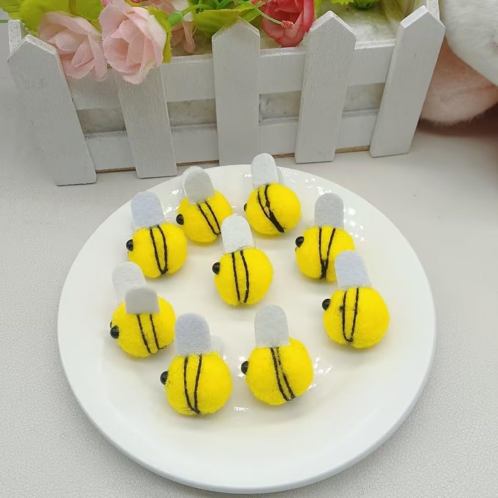 Essivox 10Pcs Decorative Felt Bumble Bees with Pom Poms, Mini Craft Figures for DIY Projects, Party Supplies
