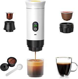 Portable Espresso Maker, Rechargeable & Cordless Coffee Machine for Travel & Camping, Compatible with Ground Coffee & NS Capsules, Battery Operated for Hiking, RV, Office Use (White)
