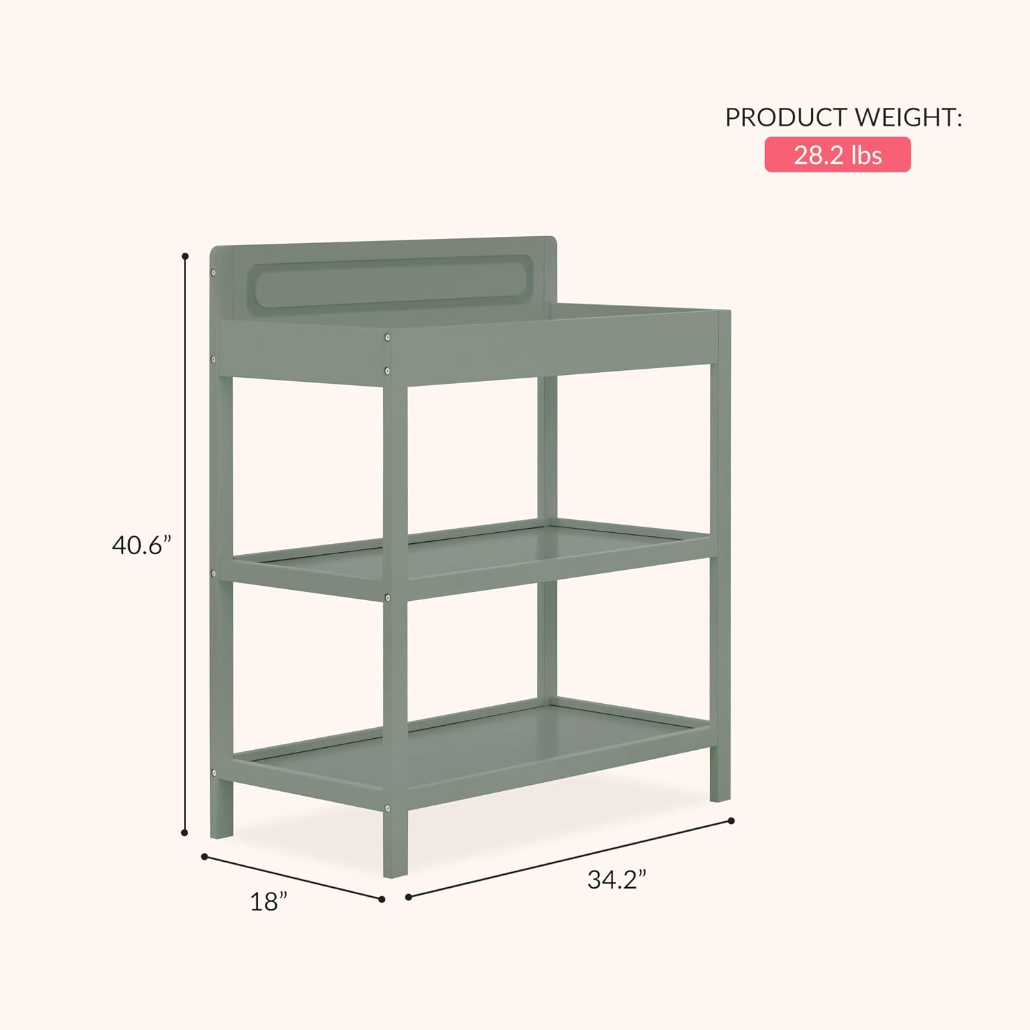 Dream On Me Avery Baby Changing Table with Storage, New Zealand Pinewood, BSA Safety Certified, 2 Open Shelves, Water-Based Finish, Compact Space-Saving Nursery Design, Meadow Green