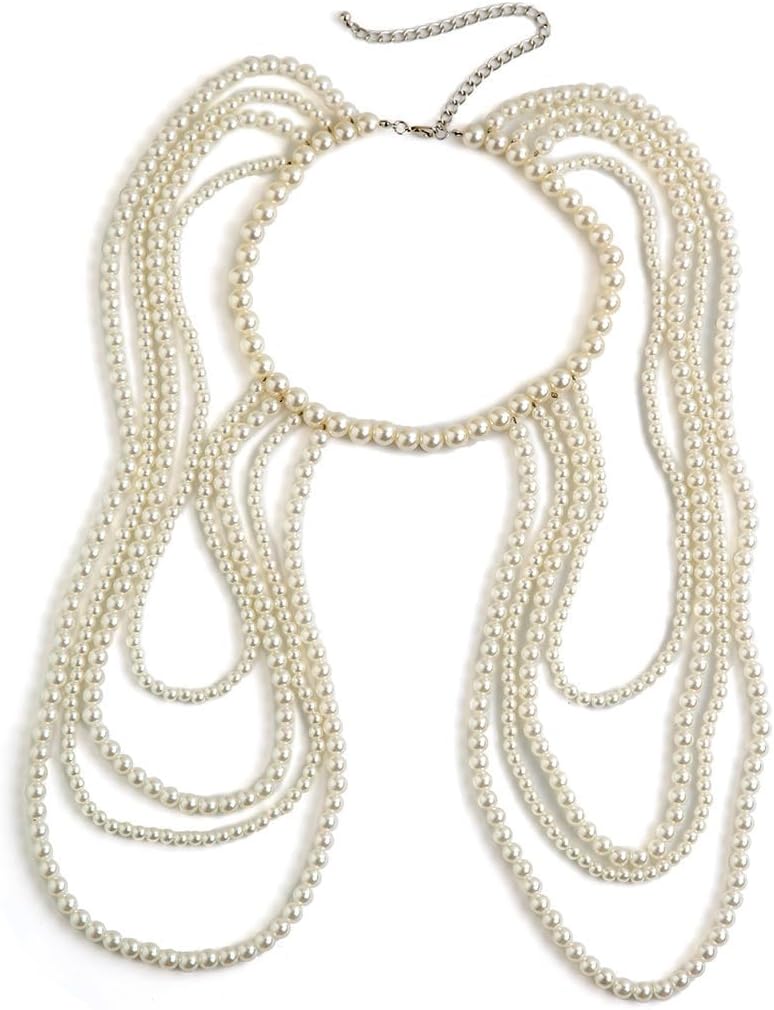 YERTTER Dainty Sexy Silver Pearl Neck Chain Shoulder Layered Pearl Body Chain Shoulder Necklaces Bra Chain for Women - Image 5
