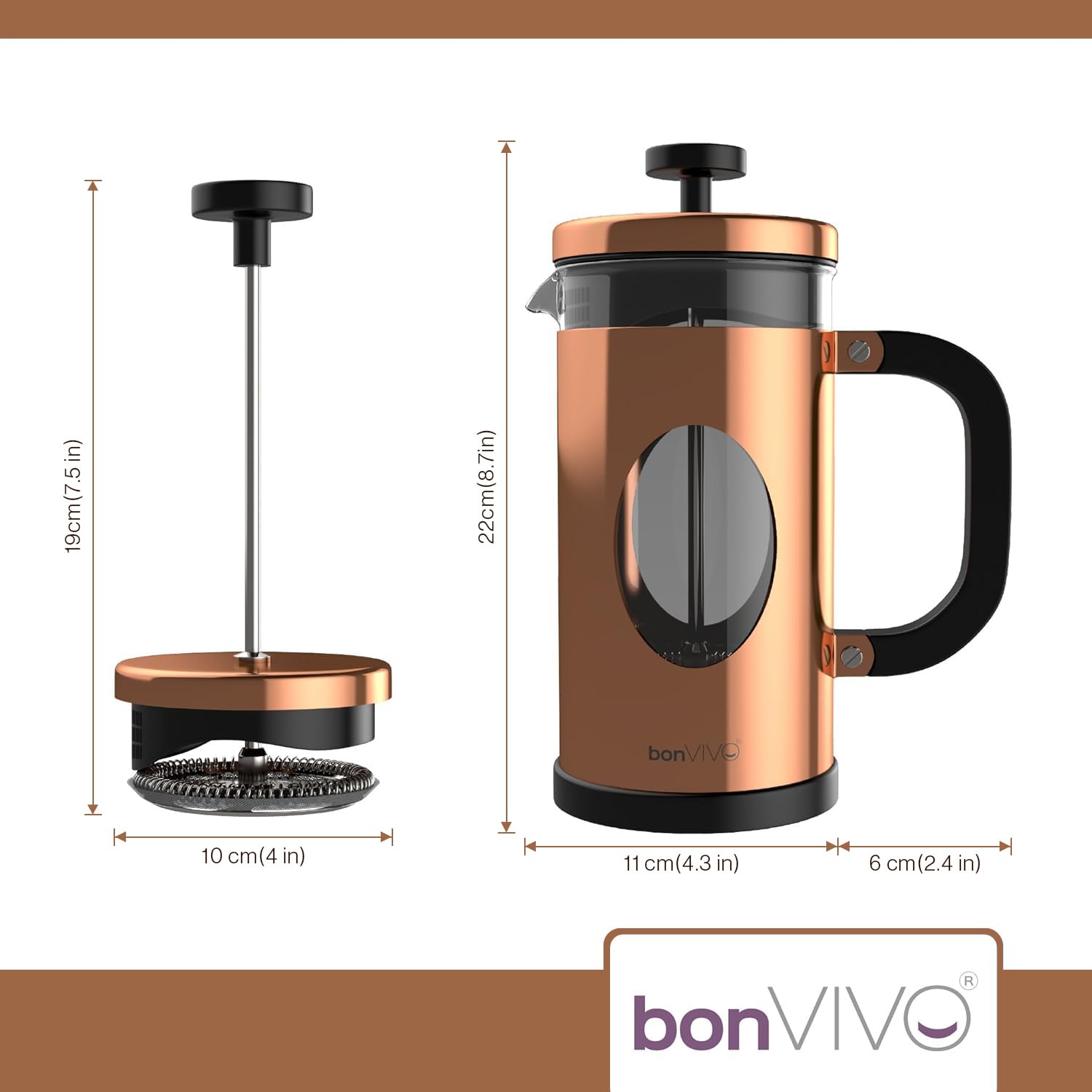 bonVIVO Cafetière à Piston 1L - French Press Inox et Verre Thermorésistant, Cafetiere Piston avec Filtres de Rechange, Cafetière Piston Design pour Café Savoureux - Finition Cuivre GAZETARO I