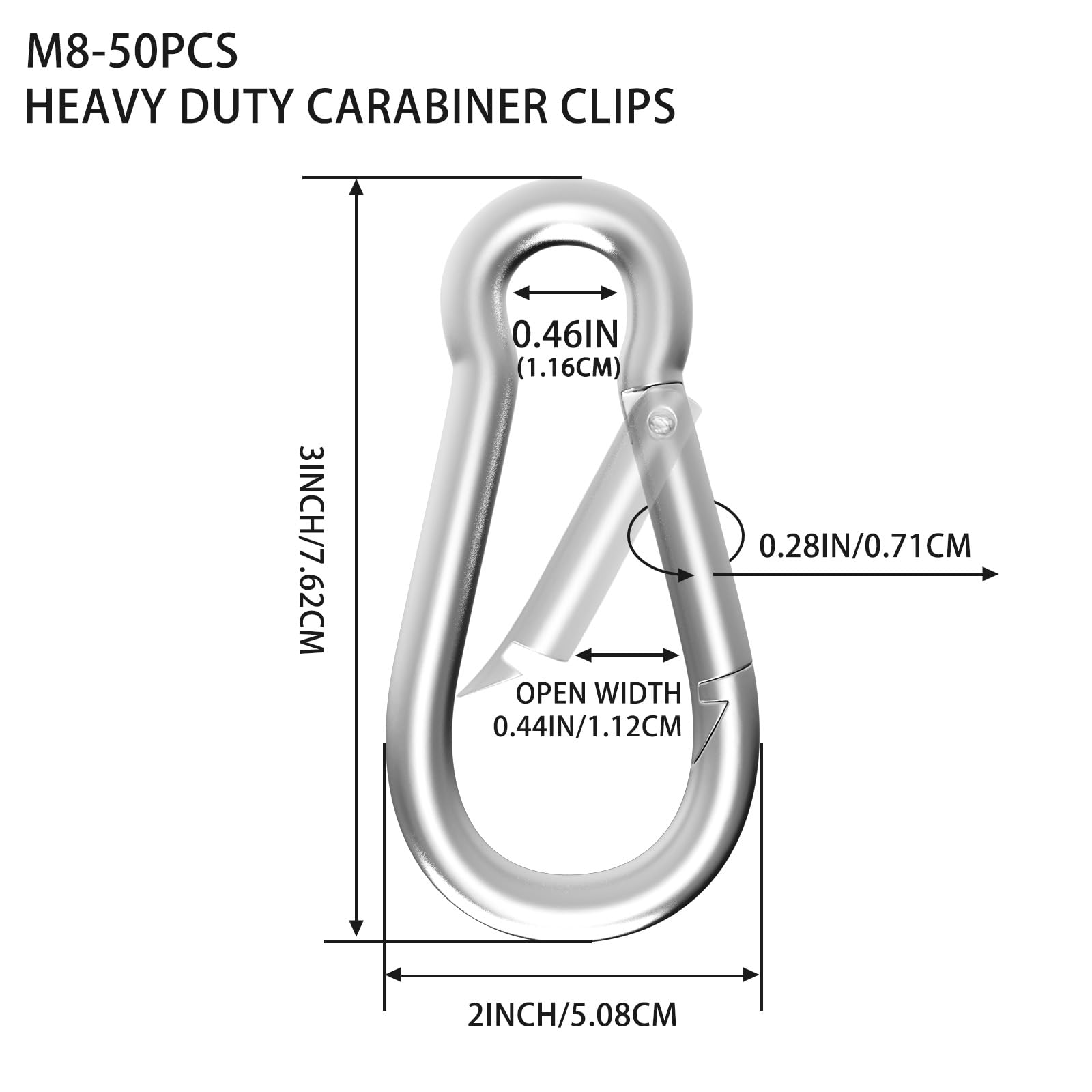 Paquete de 50 mosquetones M8 de acero inoxidable galvanizado de 3 pulgadas, resistentes, ganchos de seguridad rápidos, clips de resorte de escalada para columpio, hamaca, camping o llavero