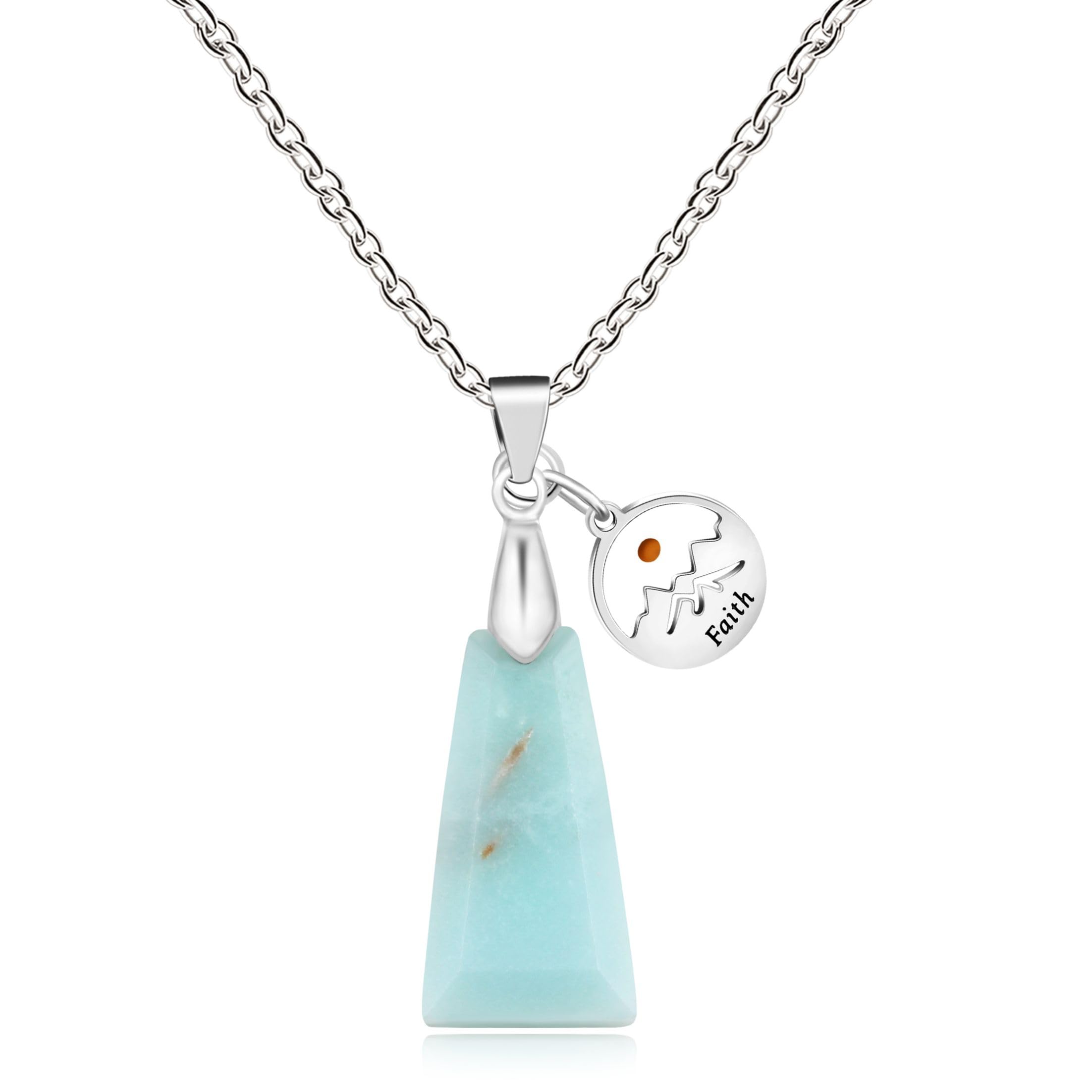 Oneress Natural Stone Trapezoid Pendant Necklace with Round Mountain Mustard Seed Charms, Inspirational Faith Jewelry Gifts for Women