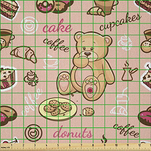 Image of Ambesonne Dessert Fabric by The Yard, Teddy Bear Cupcakes Cookies Donuts Cakes Playroom Cartoon Print, Microfiber Fabric for Arts and Crafts Textiles & Decor, 1 Yard, Brown Coral