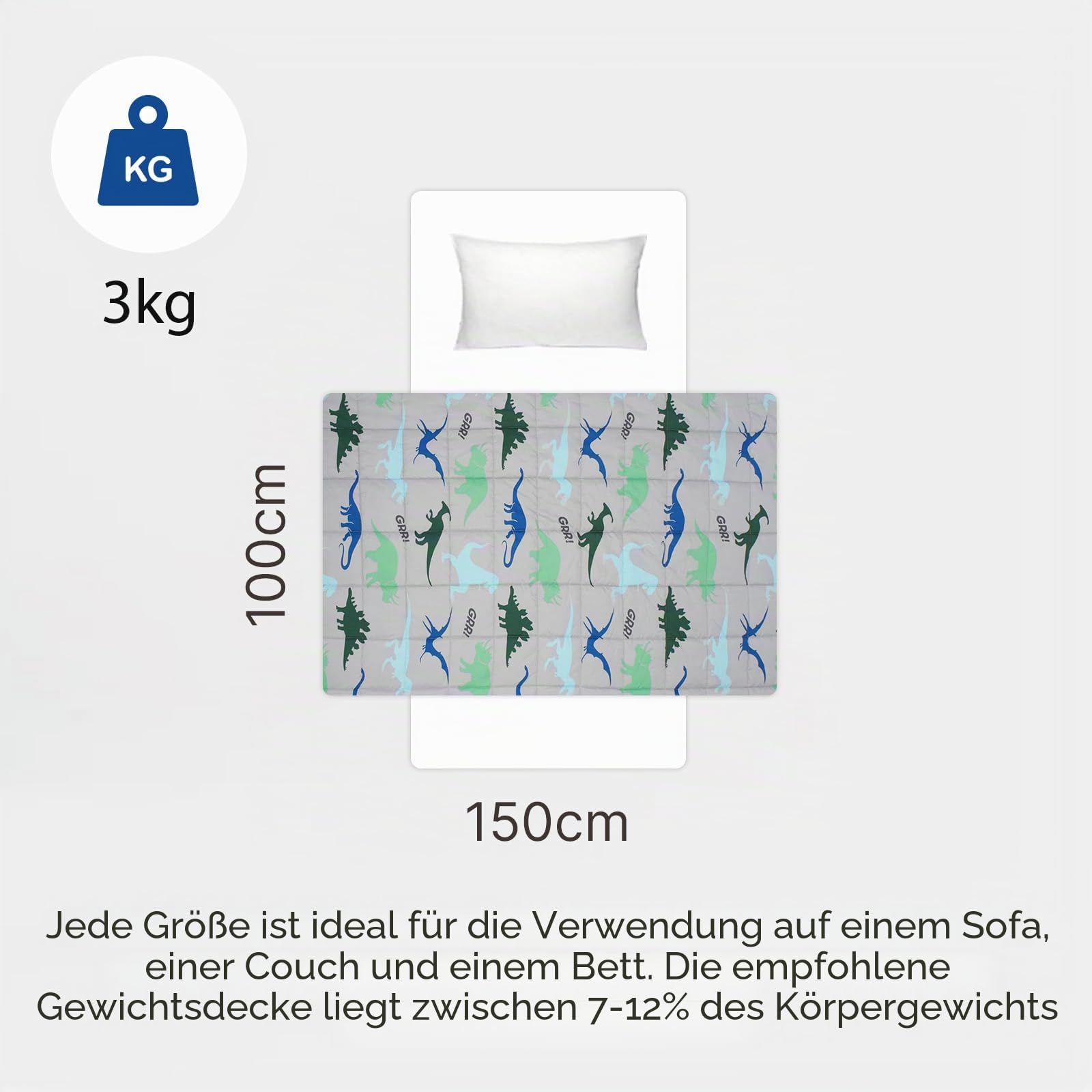 OHS Gewichtsdecke 3kg Dino 100 x 150 cm Grau Weighted Blanket