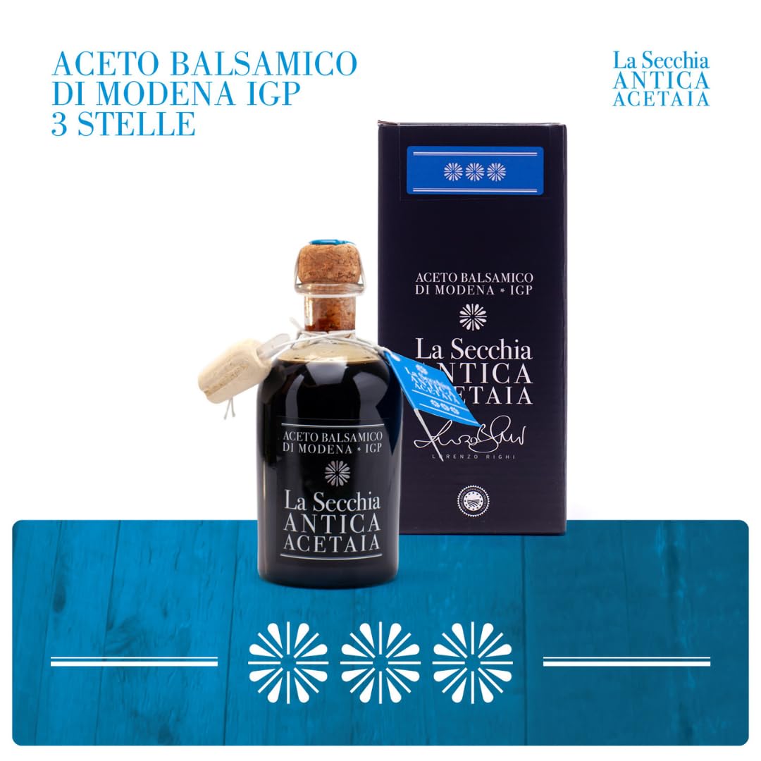 La Secchia - Aceto Balsamico di Modena IGP "Tre Stelle", Affinato in 12 botticelle di Ciliegio-Gelso, Media Densità, Bottiglia 250 ml con Tappo Dosatore in Sughero