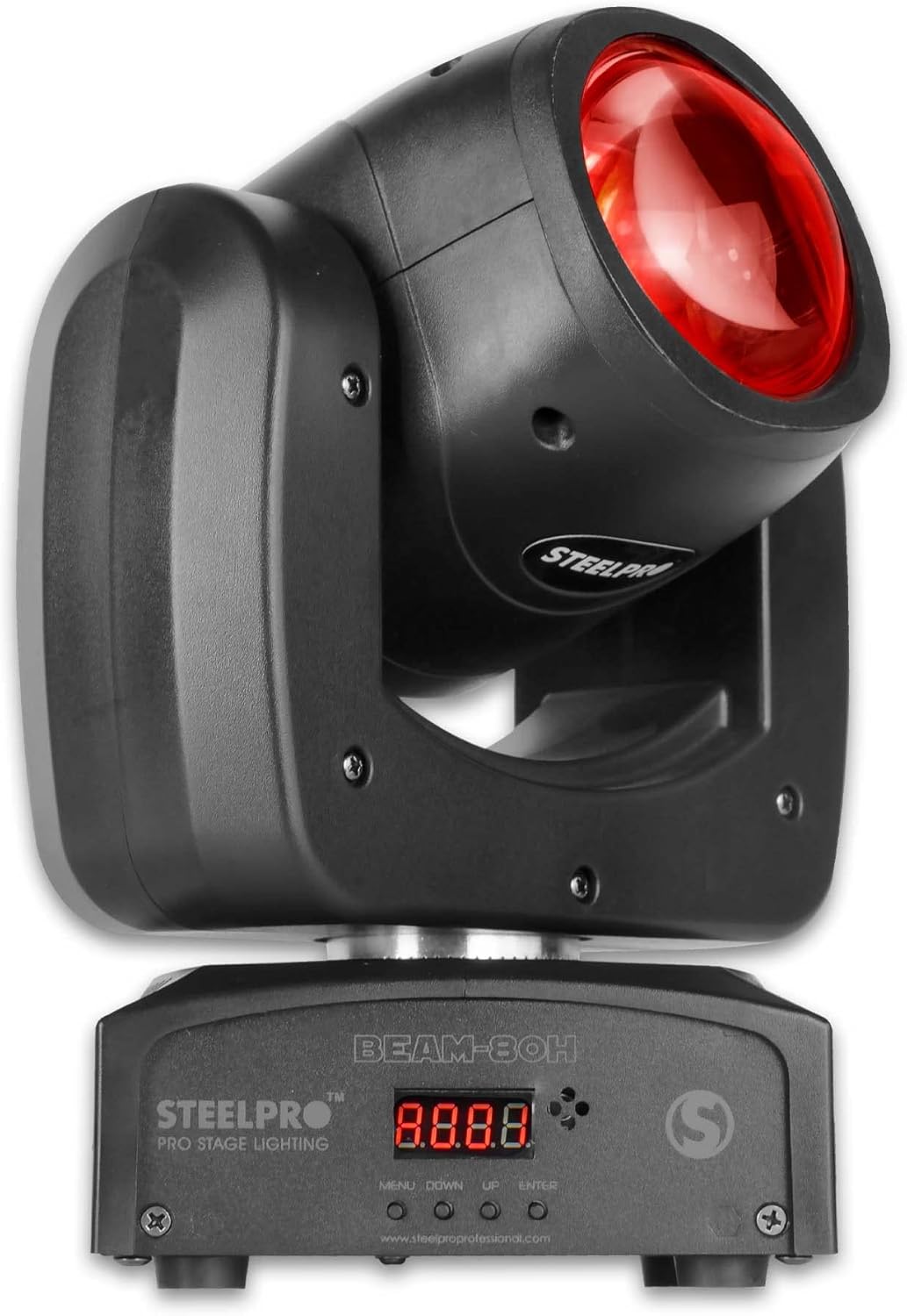 Close-up of the STEELPRO Beam 80H control panel with LCD display and navigation buttons.