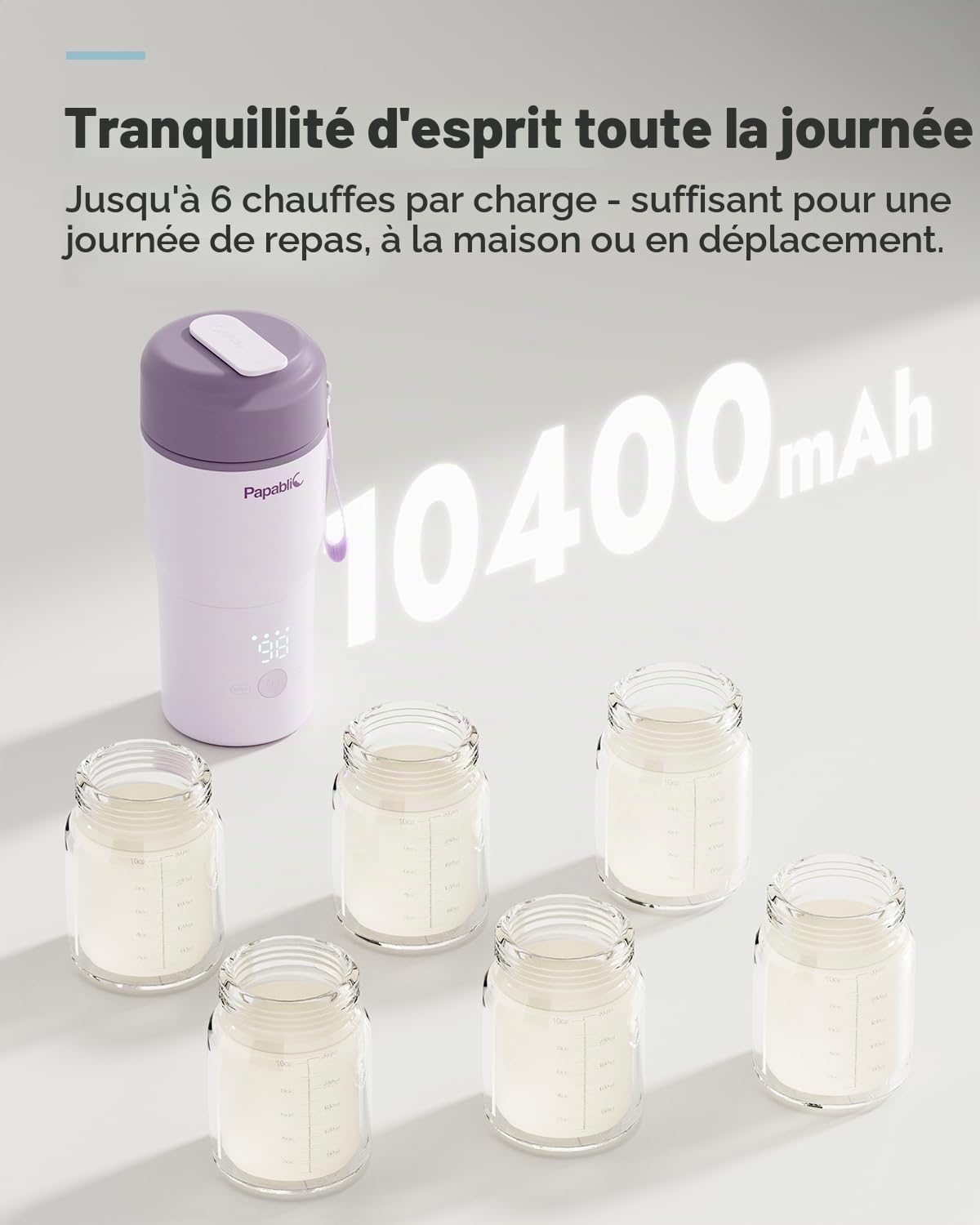 Papablic Chauffe-bouteille portable pour la maison et les voyages – Chauffage rapide de 85 W, 4 réglages de température, 6 flux par charge, ouverture de 7,6 cm de large, compatible avec porte-gobelet