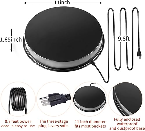 Miniatura 2 de Chicken Water Heater-11in，Large 110Watt Heated Poultry Waterer Base for 5 Gallon,with Thermostat and 9.8ft Power Cord Negro