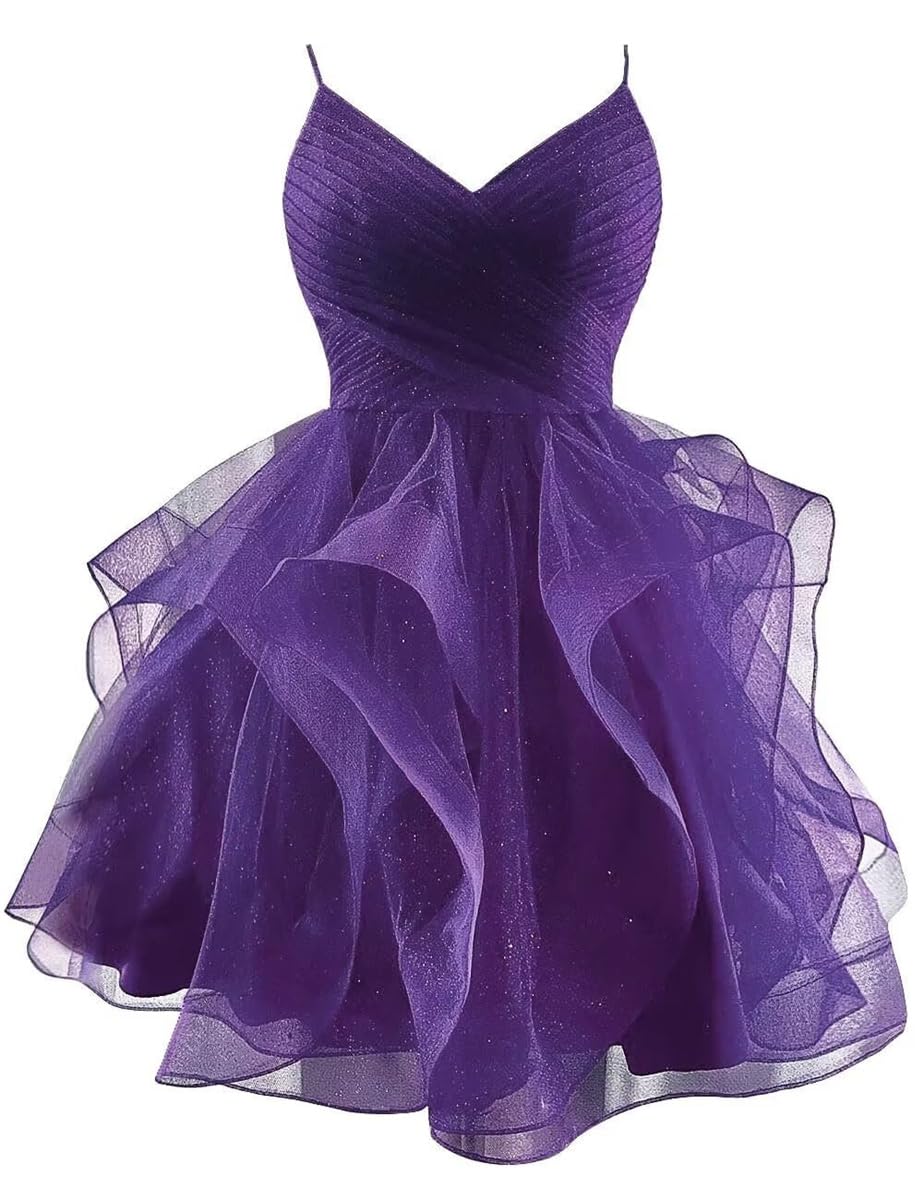 Sayno Women's Plum Glitter Tulle Short Homecoming Dresses Spaghetti Straps Mini Cocktail Dresses For Teens Puffy Ruffle Tiered Prom Dress Uk6
