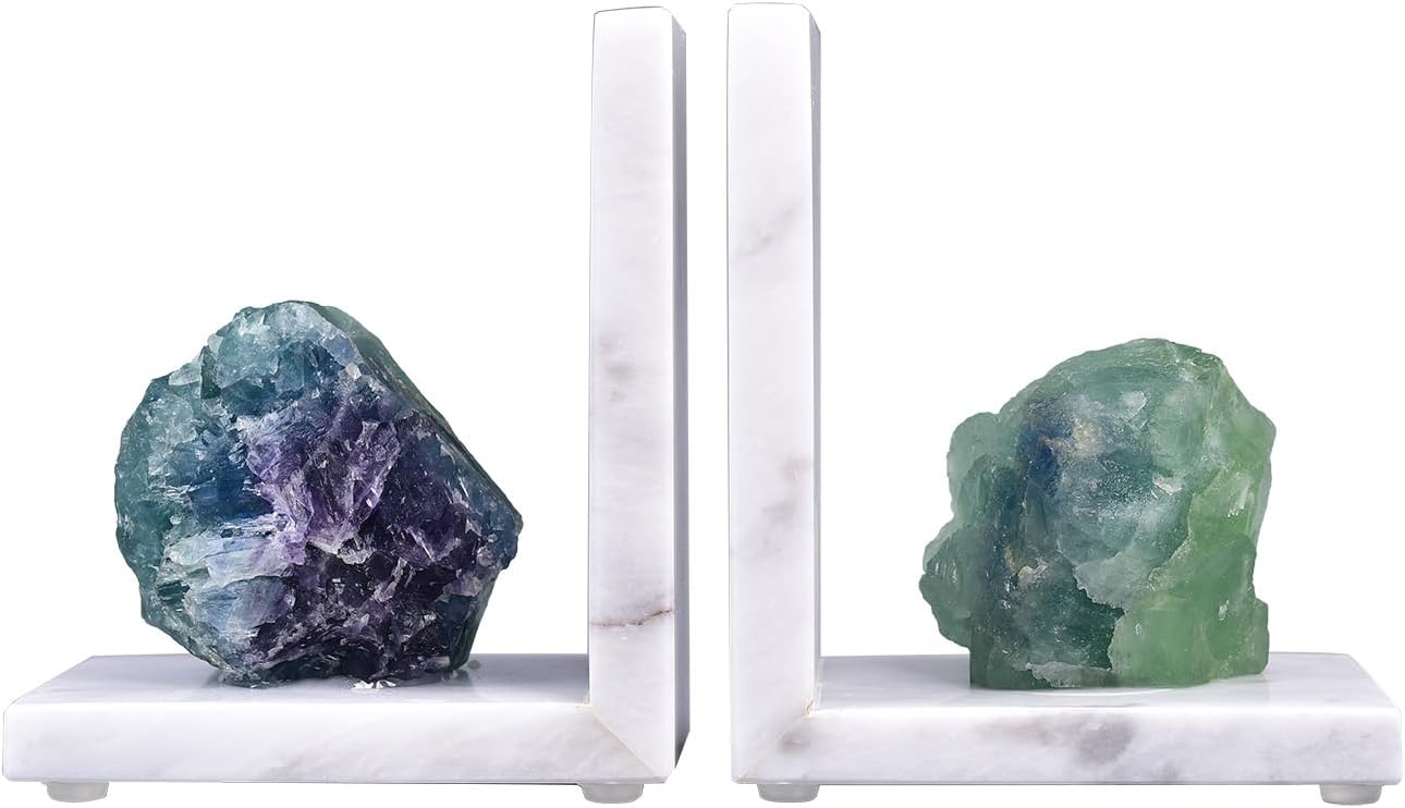 AMOYSTONE Marble & Fluorite Bookends - Heavy Duty L-Shape Book Stopper, Non-Slip, Decorative Crystal Bookends for Home Office Decor(1 Pair, 4-6 lbs) 4-6 Lbs White- Green Fluorite