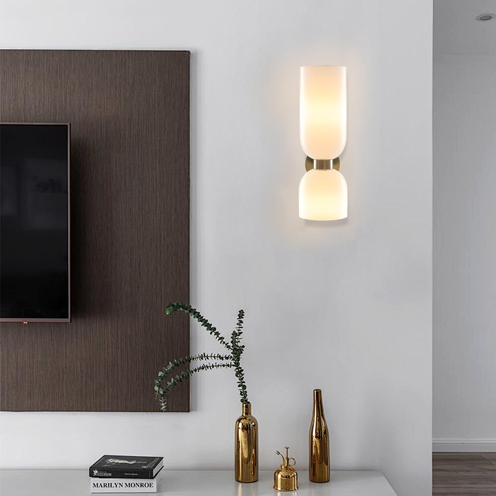 Moderne 2-Flammige Wandleuchte Gold, Elegante Glass Wandlampe, E14 Innenbeleuchtung für Schlafzimmer, Bad & Wohnzimmer (Milchweiß)