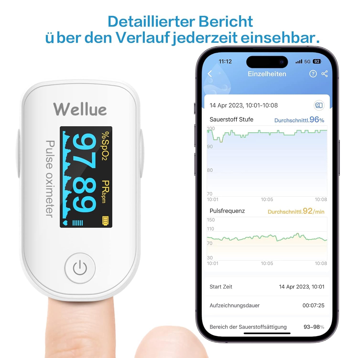 Bluetooth Pulsoximeter, Sauerstoffsättigung Messgerät, Überwachung des Sauerstoffs, SP O2 und Herzfrequenzmesser, Monitor für Fingerspitzen mit App, Tragbar und leicht mit Batterien, Weiß