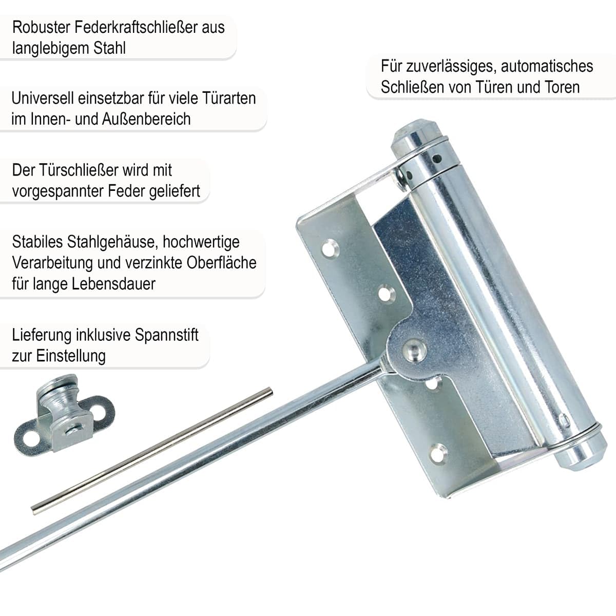 MS Beschläge Stangentürschließer aus Stahl verzinkt bis 60 kg – mechanischer Türschließer mit Stange, einstellbare Federkraft - für Innen- & Außentüren & Gartentore - Türfeder DIN links & rechts