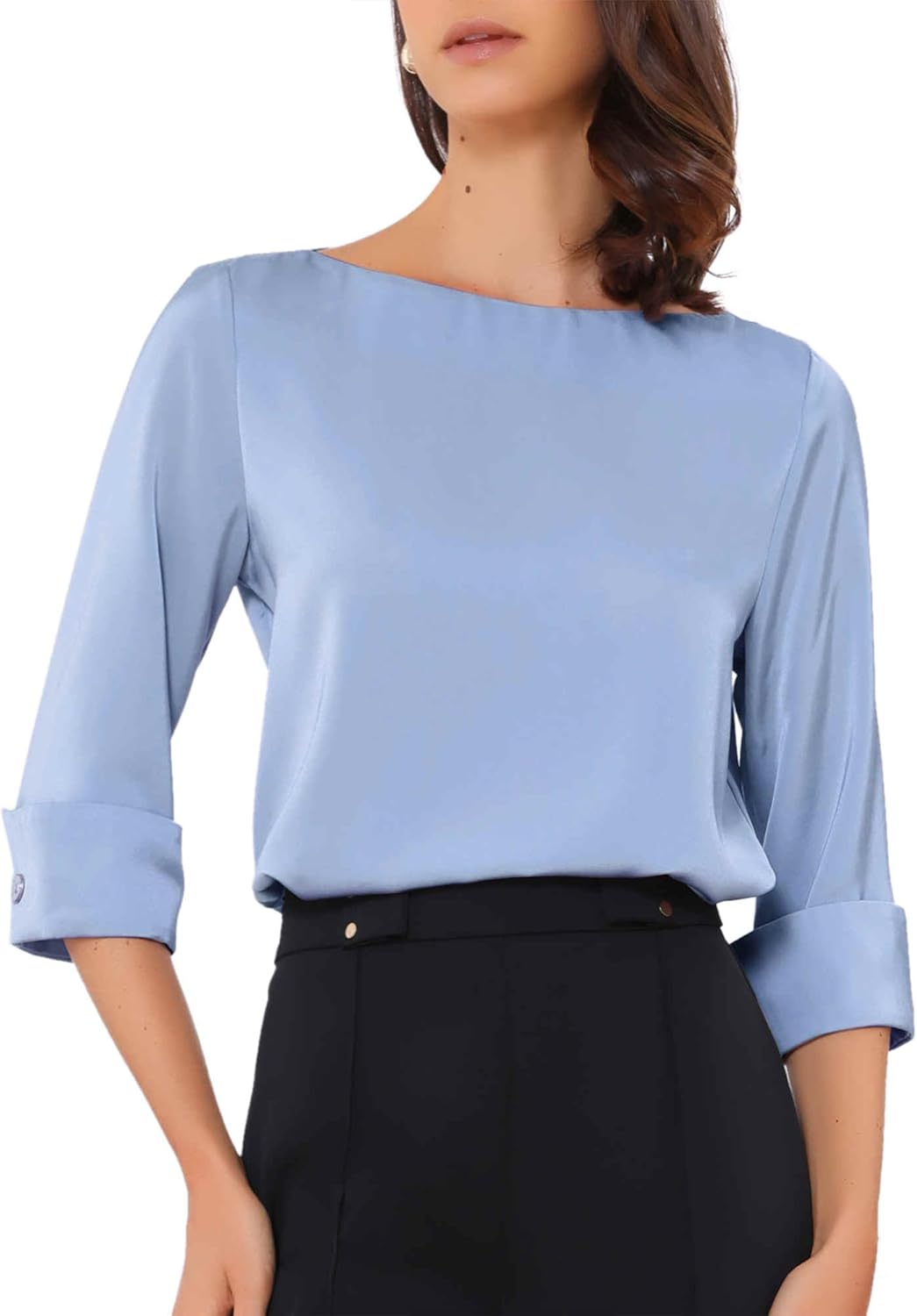 Allegra K Satin Blouse for Women Dressy Casual Top Boat Neck 3/4 Sleeve Business Work Shirt