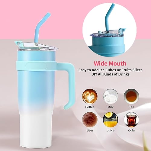 Miniatura 2 de Vaso de 40 onzas con asa y popote, vaso de acero inoxidable a prueba de fugas con tapa para popote 2 en 1, taza de café de viaje aislada con tapas,
