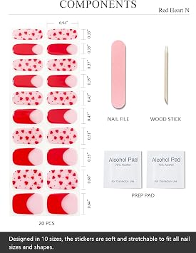 AutyaMee Semi Cured Gel Nail Strips (Red Heart N), Valentine's Day French, 20 Pcs Gel Nail Wraps, Stickers, Works with Any UV Lamps