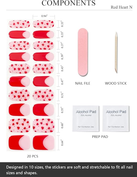 AutyaMee Semi Cured Gel Nail Strips (Red Heart N), Valentine's Day French, 20 Pcs Gel Nail Wraps, Stickers, Works with Any UV Lamps